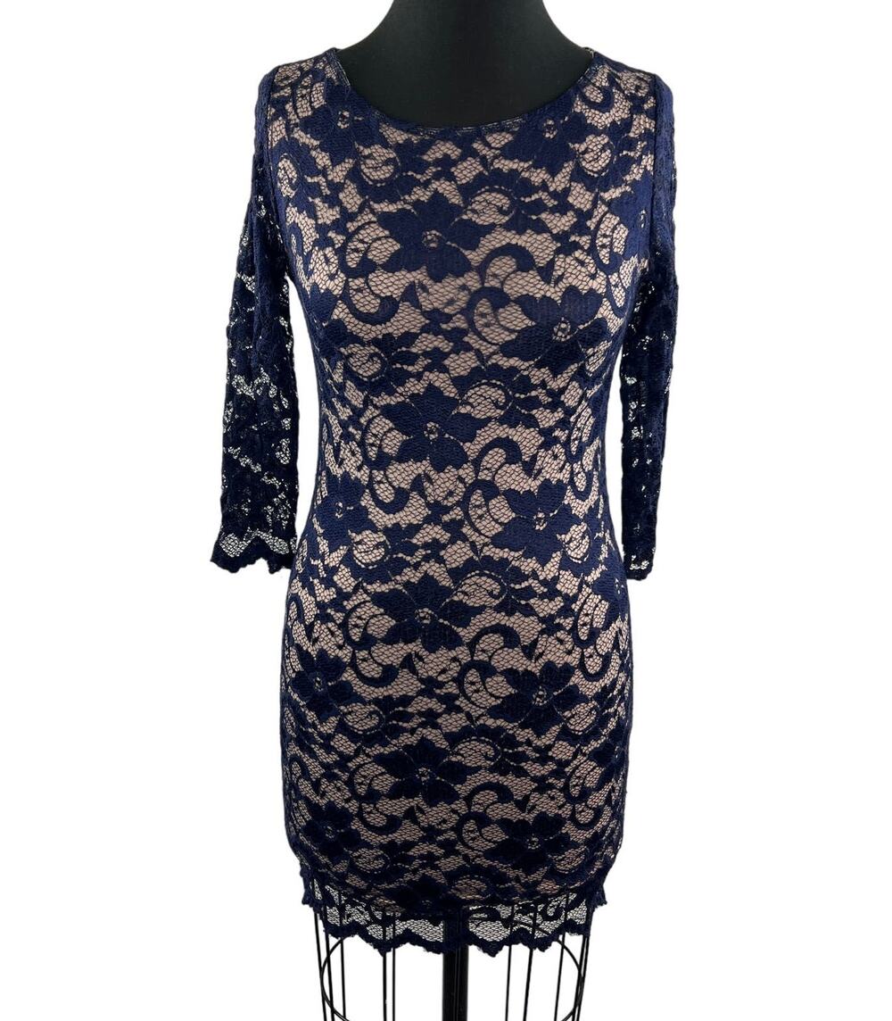 ASOS Petite Blue Lace Overlay 3/4 Sleeve Round Neck Mini Bodycon Dress Size 4